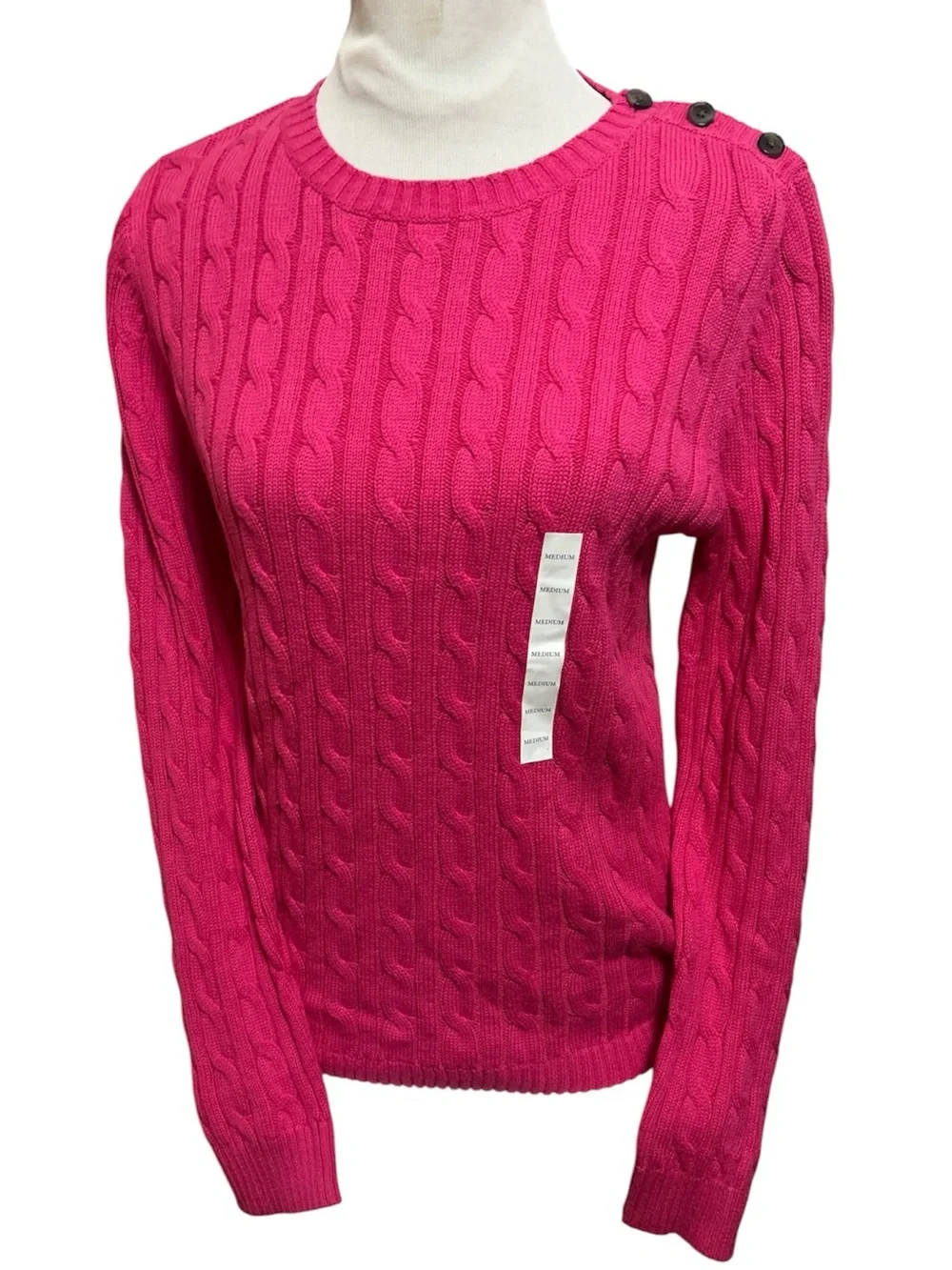 NWT Croft & Barrow Bright Pink Cable Crewneck Sweater Button Detail Preppy M